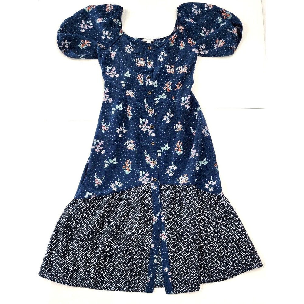 Ophelia Roe Midi Dress, Poof Sleeve Floral Button Down Square Neck Boho Dress, S